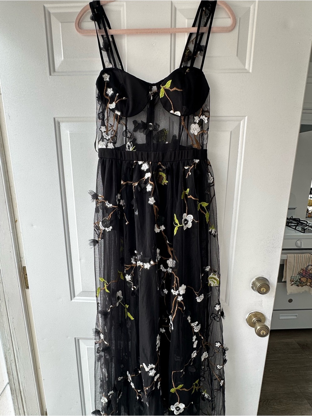 Black Floral Embroidered Mesh Maxi Dress